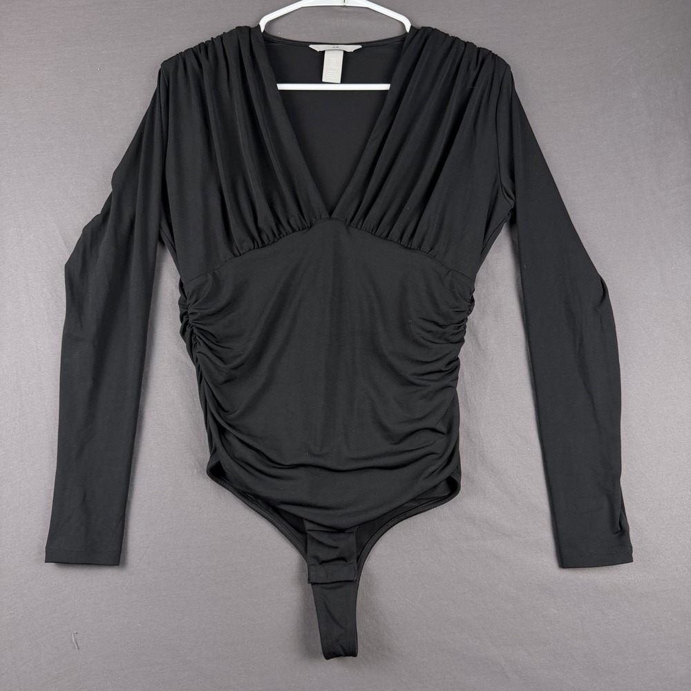 H&M Black Ruched Stretch Women's Long Sleeve Bodysuit Size M, 6
